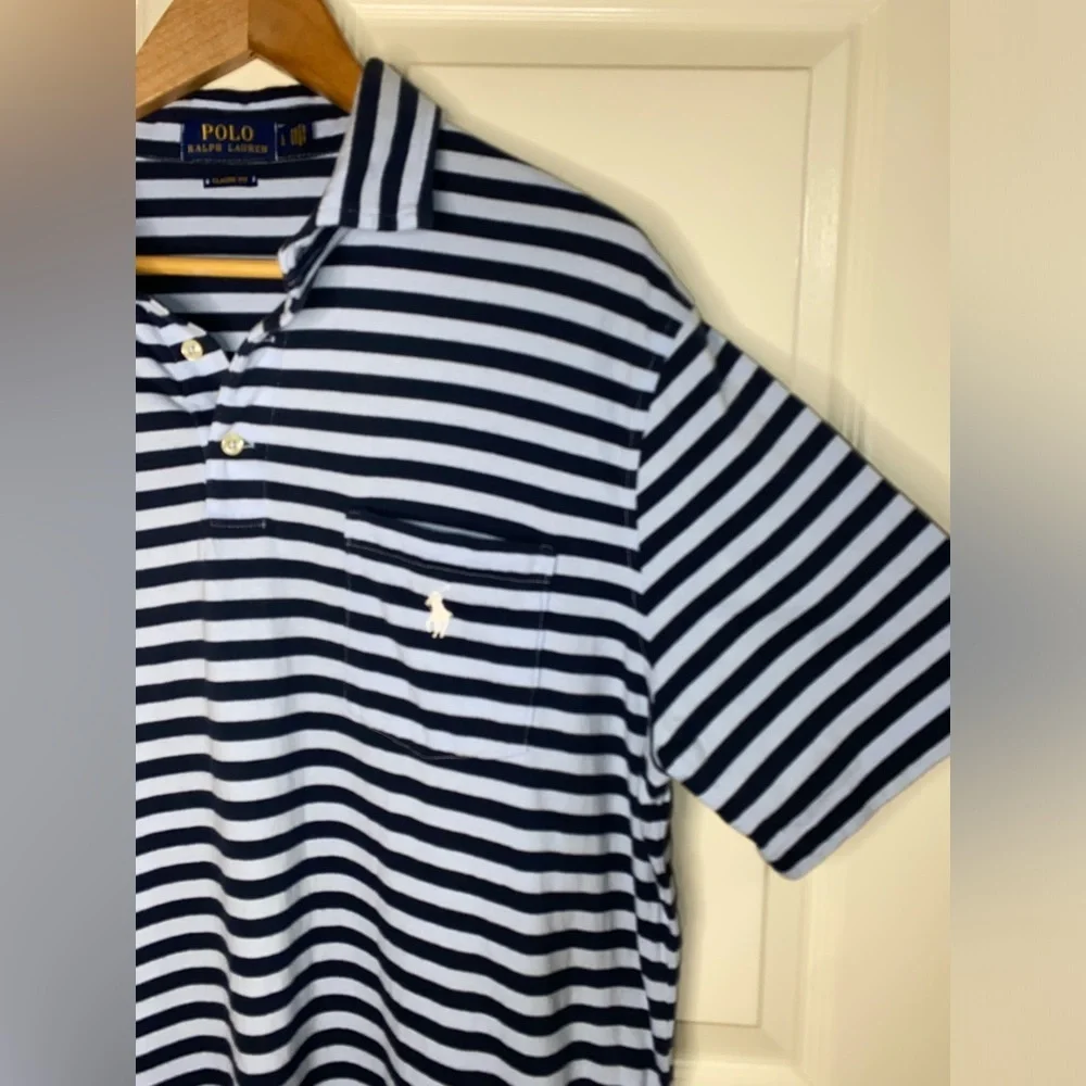 Polo Ralph Lauren Classic Fit Striped Polo Shirt - Size L, Navy & Light Blue